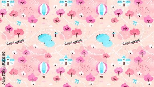 春のパターン背景 桜と電車のシームレスな風景イラスト