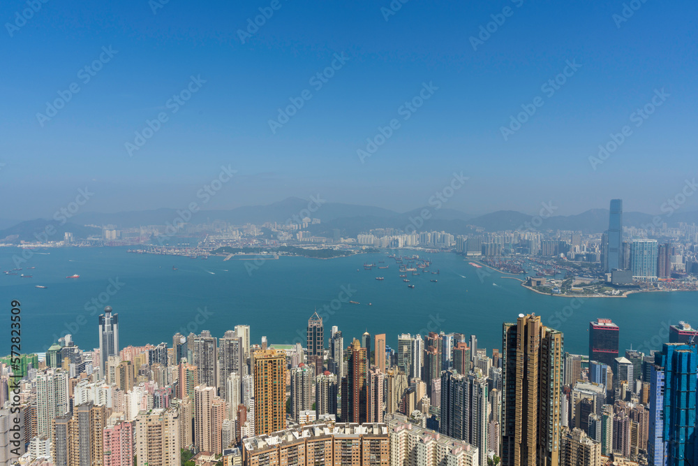 A view of the Victoria harbour from the Peak, Central, in Hong Kong.  Overseeing both Hong Kong Island's, as well as Kowloon's, business district.  