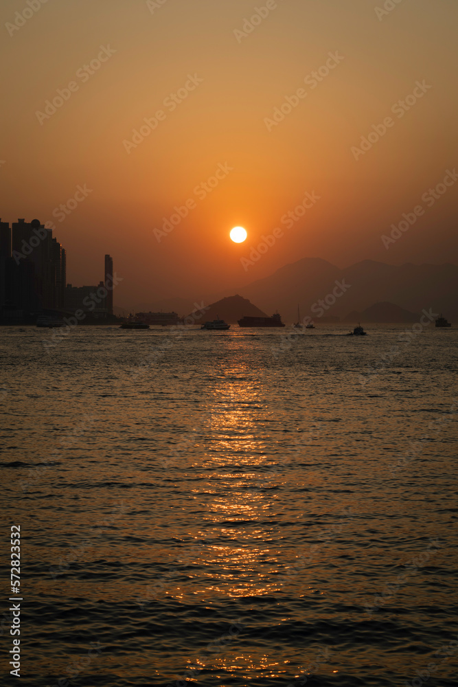 Sunset, a view from the Kowloon side.  Fantastic weather, but the view was hazy as the air getting polluted.  