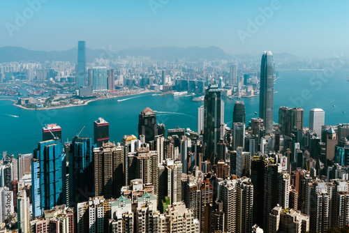 A view of the Victoria harbour from the Peak, Central, in Hong Kong.  Overseeing both Hong Kong Island's, as well as Kowloon's, business district.   photo