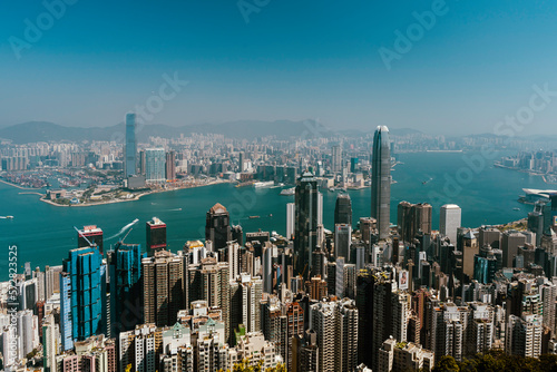 A view of the Victoria harbour from the Peak, Central, in Hong Kong.  Overseeing both Hong Kong Island's, as well as Kowloon's, business district.   photo