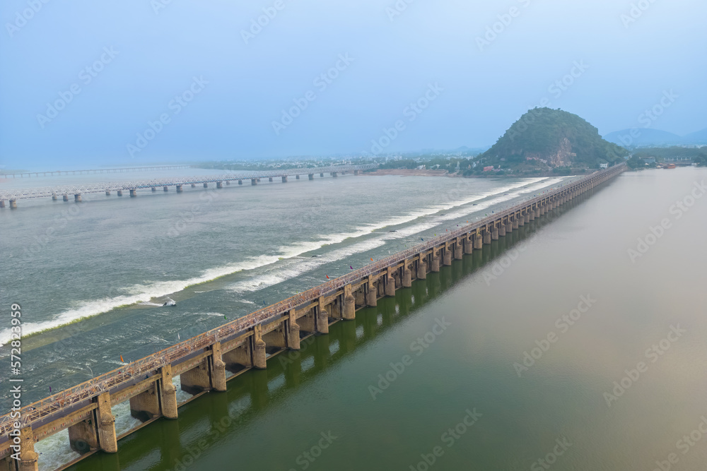 Historic Prakasam barrage over river Krishna in Andhra Pradesh state, India