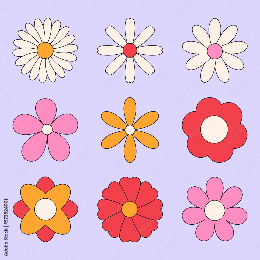 Set of simple flowers in groovy style retro vector design