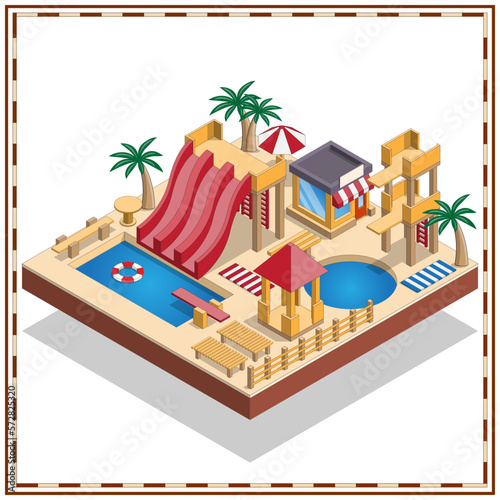 Aquapark. Isometric. Isolated on white background. Vector illustration.