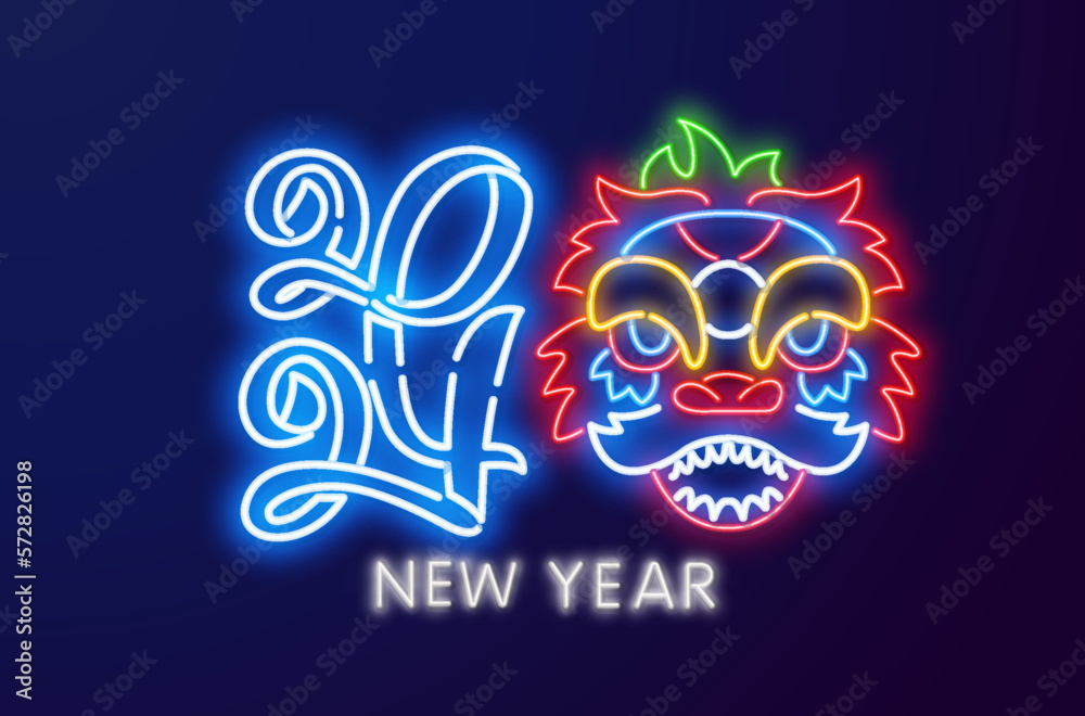 2024 Happy Chinese New Year neon greetings card, flyers, poster in retro. Vector. Chinese New Year sign with neon dragon for new year emblem, bright signboard, light banner.