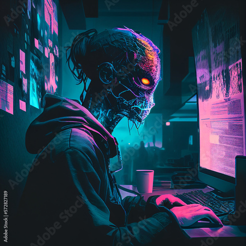 hacker wearing a mask with a neon-lit interface that obscures their face while they work on their computer in a dimly-lit room with Generative AI technology