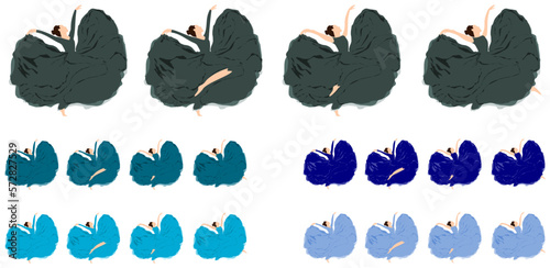 Attractive icon set of dancing ballerina girls with colourful bluish dresses.