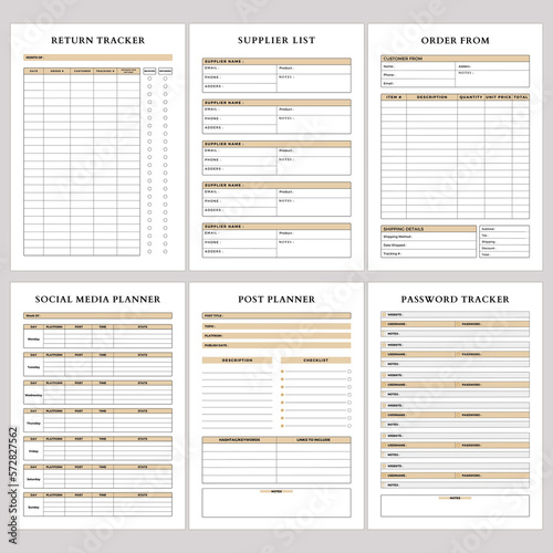 Minimalist planner pages templates. Printable Life & Business Planner Set. Life and business planner. Printable Page Return Tracker, Supplier List, Order From, Social Media Planner, Post planner, Pass