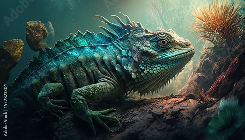 Cool, Epic, Artistic, Beautiful, and Unique Illustration of Iguana Animal Cinematic Adventure: Abstract 3D Wallpaper Background with Majestic Wildlife and Futuristic Design (generative AI) © Get Stock