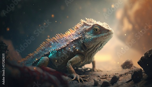 Cool, Epic, Artistic, Beautiful, and Unique Illustration of Iguana Animal Cinematic Adventure: Abstract 3D Wallpaper Background with Majestic Wildlife and Futuristic Design (generative AI)