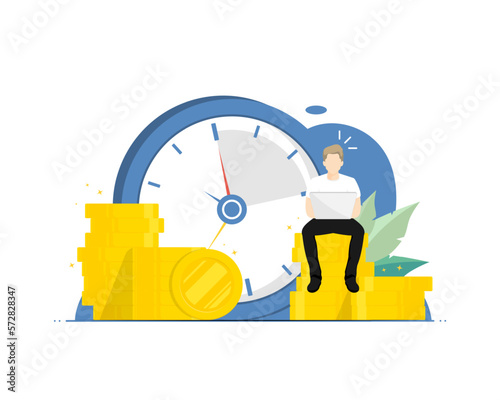 Planning money management concept, Human sitting typing laptop with gold coin, Digital marketing illustration.