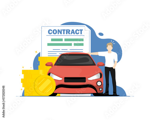 Contract selling personal car concept, Human standing with personal car, Digital marketing illustration.