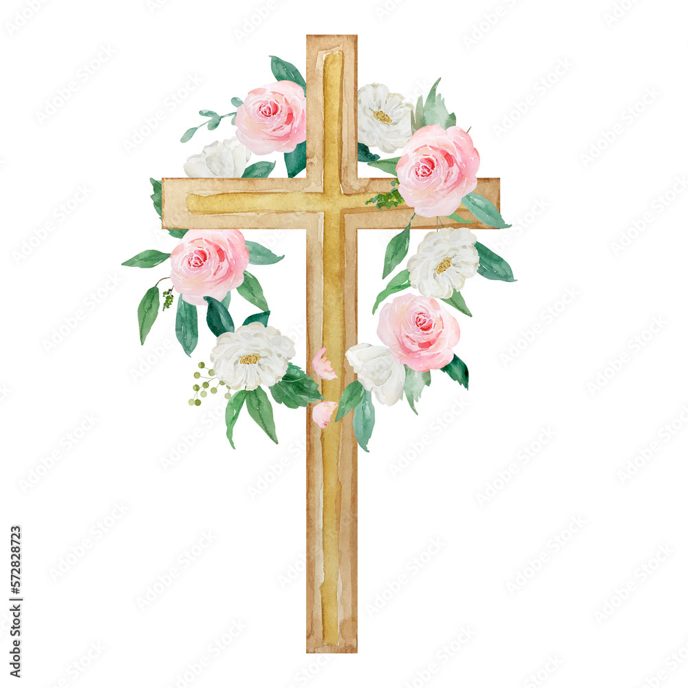Obraz premium Watercolor cross decorated with flowers, Easter religious symbol