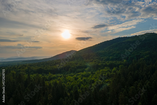 Aerial view of green pine forest with dark spruce trees covering mountain hills at sunset. Nothern woodland scenery from above