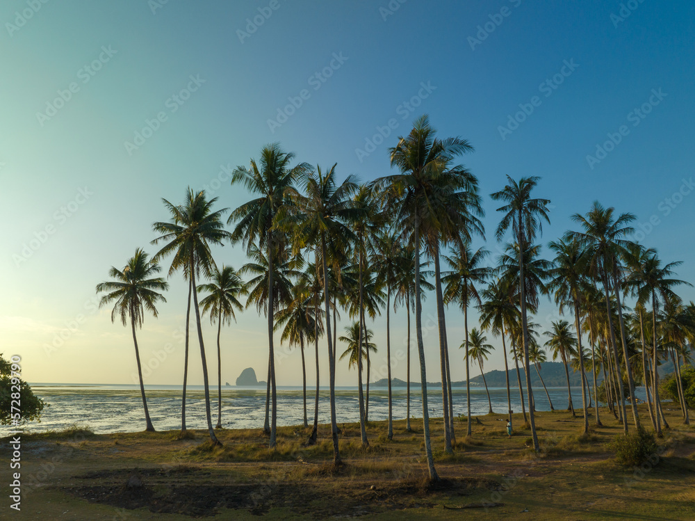 Aerial view stunning sky at sunrise above coconut trees..Wonderful aerial view of colorful landscape during the sunset. Flying over Laem Had sand beach. .Aerial view of Laem Had Beach in Koh Yao Yai. Aerial view stunning sky at sunrise above coconut trees..Wonderful aerial view of colorful landscape during the sunset. Flying over Laem Had sand beach. .Aerial view of Laem Had Beach in Koh Yao Yai.