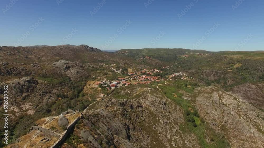 Flying Over Medieval Castle Ruins in te Mountain Top of Castro Laboreiro in Portugal