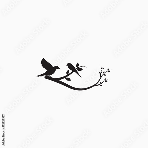Birds Couple Silhouette on Branch Vector, Birds in love Silhouette, Wall Decals, Couple of Birds in Love, Art Decoration, Birds Silhouette on branch isolated on white background, romantic