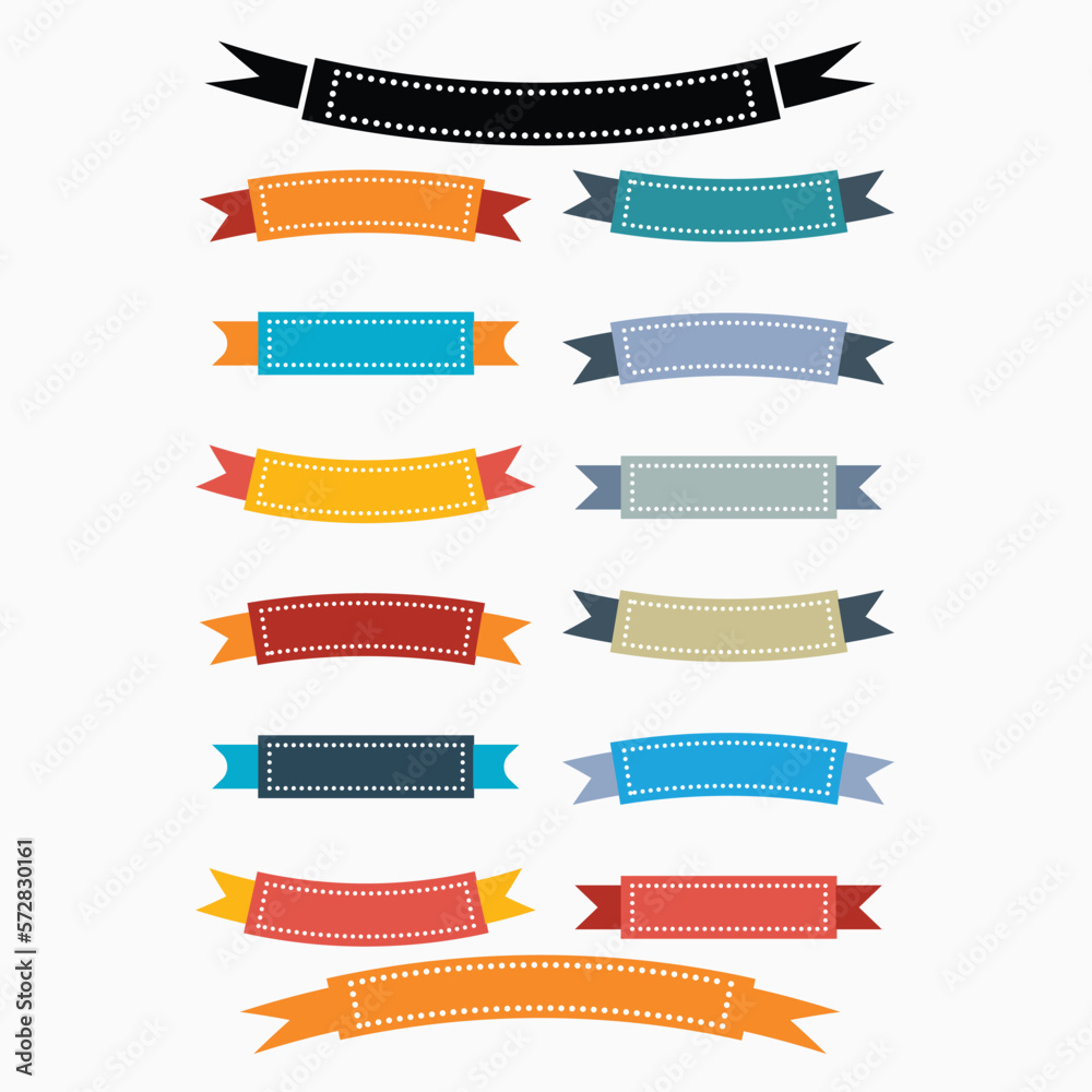 Many color ribbon banners set. Beautiful blank for decoration graphic Old vintage style Flat design. Premium decorative elements isolated on white background. Template collection labels Vector