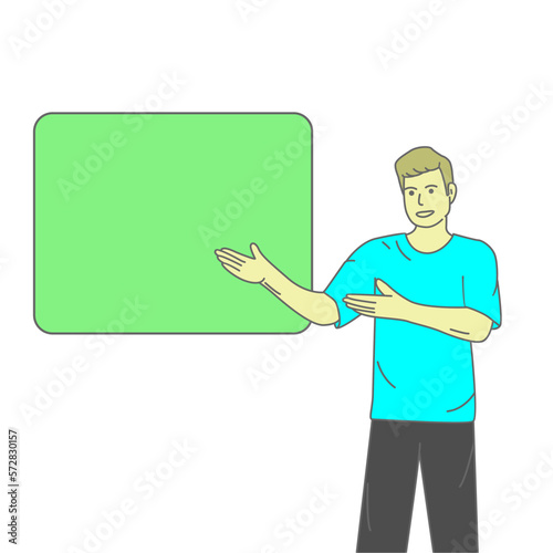 vector illustration of a man presenting something on a screen template.with minimalist hand drawn concept.suitable as an icon,or presentation needs