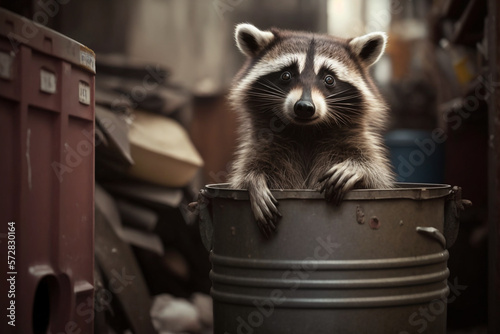 a raccoon standing on its hind legs, peering into a garbage can Generative AI
