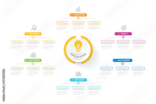 Infographic template for business. 6 Steps Modern Mindmap diagram with topics, presentation vector infographic.