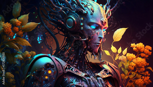 3d illustration digital painting of surreal and psychedelic a biomechanical hybrid of alien and human. Fit for cover, background, banner, wallpaper, social media, advertisment, backdrop. 