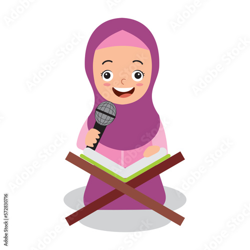 cute Muslim hijab girl reading quran and holding mic