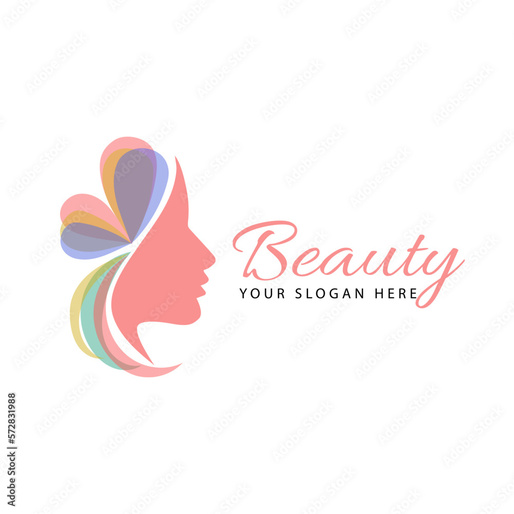 Obraz premium Beauty logo with woman face, hair and colourful butterfly perfect for salon, spa, therapy, beauty care and cosmetic brandt