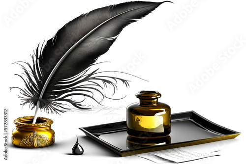 A feather quill and inkwell isolated on white background , illustration - Generative AI