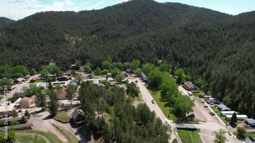 Aerial View of Keystone, South Dakota USA, Town Street Buildings, Streets and Green Landscape photo