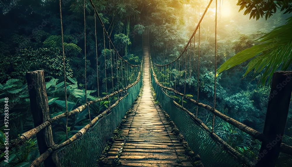 Obraz premium Bridge in Rainforest. Photo generative AI