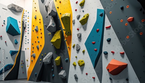 Indoor artificial rock climbing walls with coloured holds. Photo generative AI
