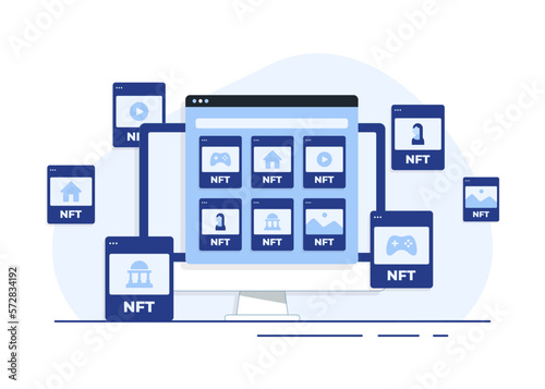 Concept of NFT, Non-fungible token flat illustration for website banner, Crypto art online marketplace concept