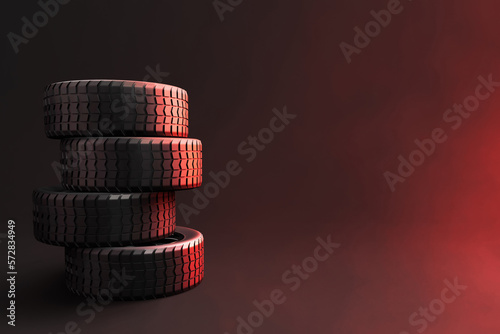 Set car tires on dark background 3d illustration