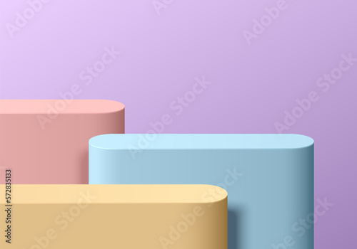 Pastel 3D background with realistic steps round stand product podium set in pink, blue, yellow and purple color. Minimal wall scene mockup product display. Abstract geometric platform. Stage showcase.