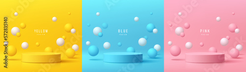 Set of 3d background with yellow, blue, pink cylinder pedestal podium. White and colorful bouncing ball. Pastel minimal wall scene mockup product display. Abstract geometric platforms. Stage showcase.