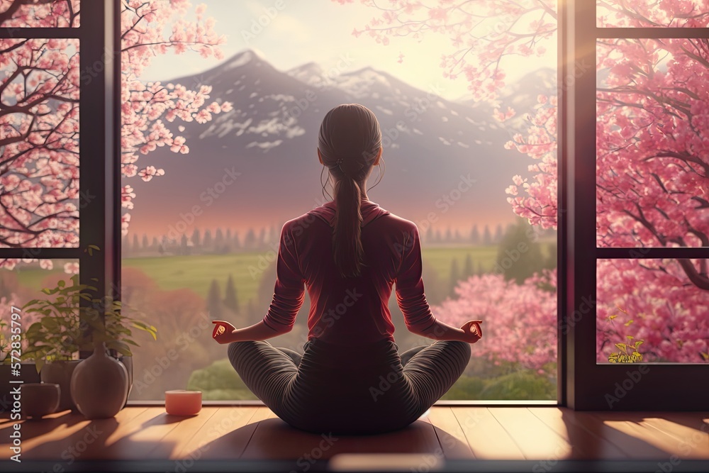 Healthy wellness woman yoga breathing meditating in lotus position. Generative AI Healthy wellness woman yoga breathing meditating in lotus position. Generative AI