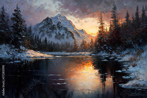sunrise over the lake painting AI