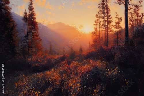 sunrise in the forest painting AI