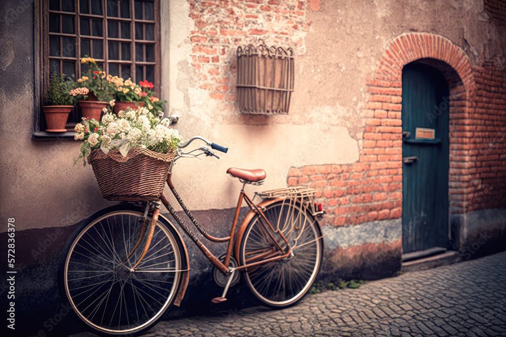A vintage bicycle with a basket of flowers parked against an old brick wall in a charming European city, illustration - Generative AI