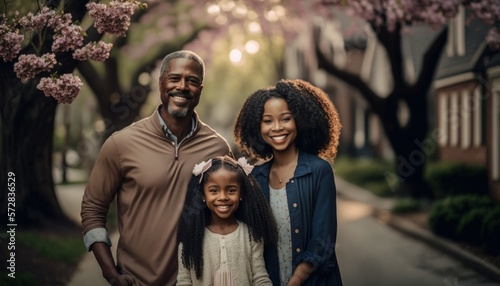 Beautiful Portrait of African American family smiling at a Tree-Lined Streets in beautiful springtime : A Celebration of Happiness and Nature's Beauty (generative AI)