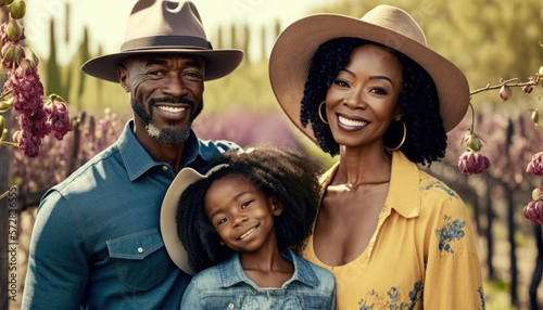 Beautiful Portrait of African American family smiling at a Wineries in beautiful springtime : A Celebration of Happiness and Nature's Beauty (generative AI) © Get Stock