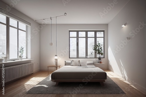 Modern luxery scandinavian design. Luxery apratment bedroom cozy with light from the window. feeling comfort with wooden mockup.Generative AI