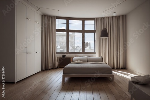 Modern luxery scandinavian design. Luxery apratment bedroom cozy with light from the window. feeling comfort with wooden mockup.Generative AI