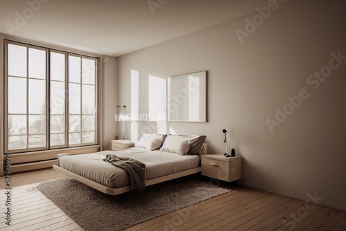 Modern luxery scandinavian design. Luxery apratment bedroom cozy with light from the window. feeling comfort with wooden mockup.Generative AI