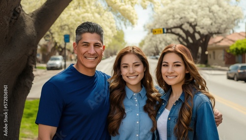 Beautiful Portrait of Hispanic family smiling at a Tree-Lined Streets in beautiful springtime : A Celebration of Happiness and Nature's Beauty (generative AI) © Get Stock