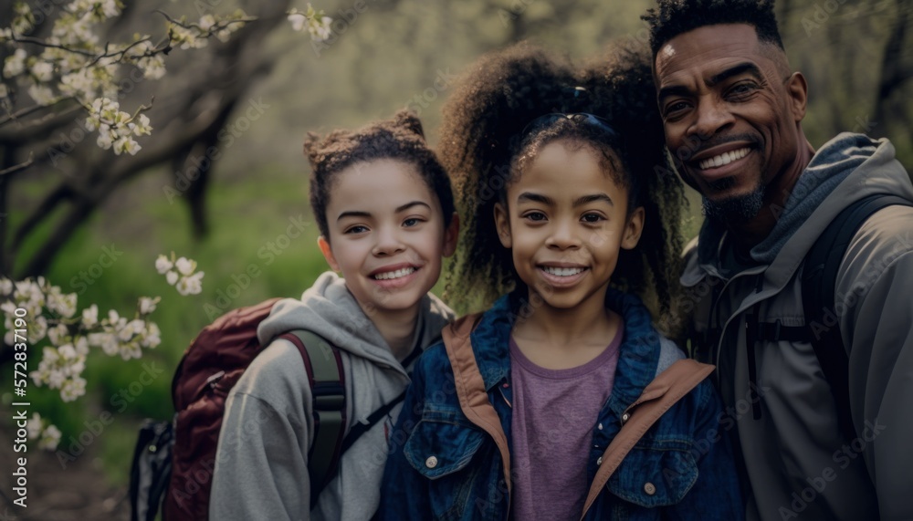 Beautiful Portrait of Multiracial family smiling at a Nature Preserves and Hiking Trails in beautiful springtime : A Celebration of Happiness and Nature's Beauty (generative AI)