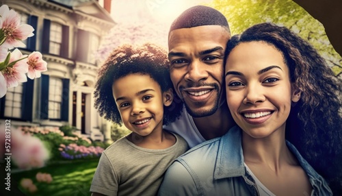 Beautiful Portrait of Multiracial family smiling at a Historic Homes and Landmarks in beautiful springtime : A Celebration of Happiness and Nature's Beauty (generative AI) © Get Stock