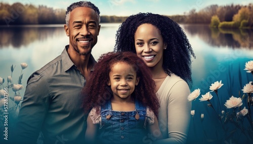 Beautiful Portrait of Multiracial family smiling at a Lake in beautiful springtime : A Celebration of Happiness and Nature's Beauty (generative AI)