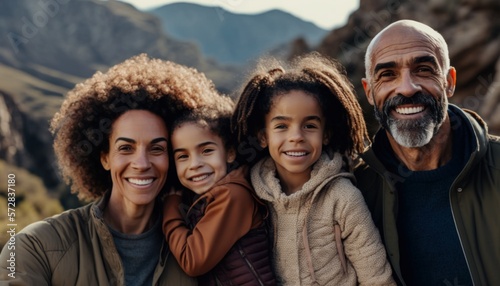 Beautiful Portrait of Multiracial family smiling at a Mountainous Areas in beautiful springtime   A Celebration of Happiness and Nature s Beauty  generative AI 